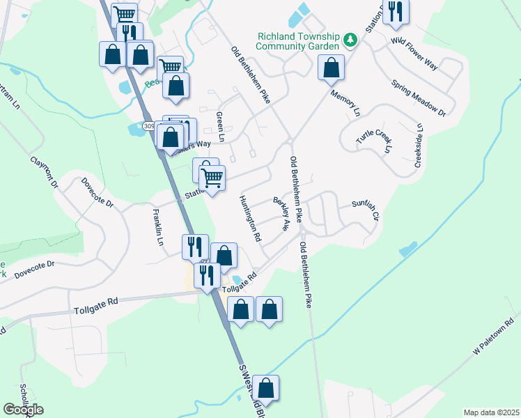 map of restaurants, bars, coffee shops, grocery stores, and more near 1181 Berkley Avenue in Quakertown
