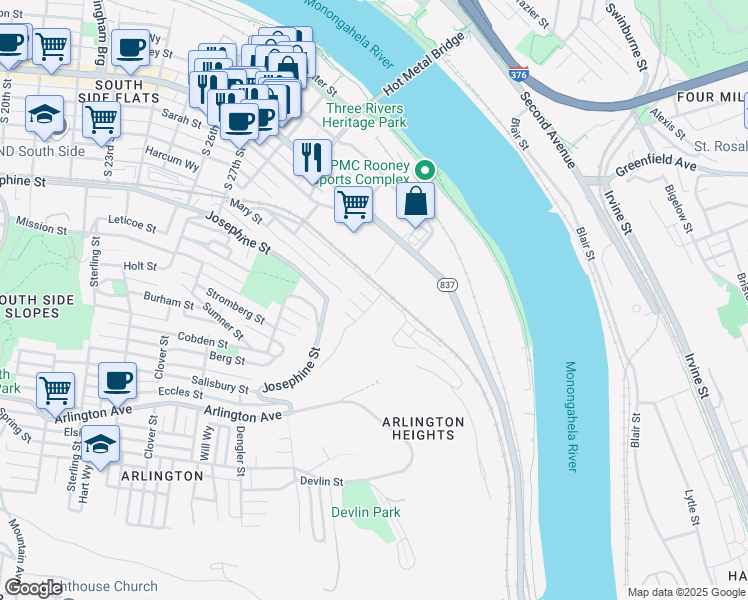 map of restaurants, bars, coffee shops, grocery stores, and more near 110 Handler Street in Pittsburgh