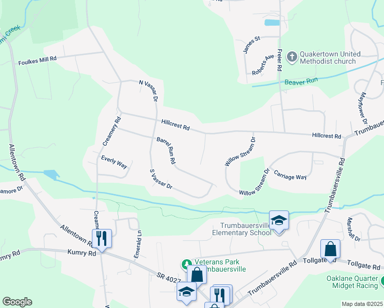 map of restaurants, bars, coffee shops, grocery stores, and more near 14 Meadow Lane in Quakertown