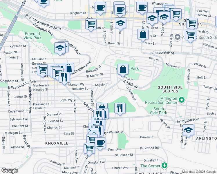 map of restaurants, bars, coffee shops, grocery stores, and more near 2629 South 18th Street in Pittsburgh