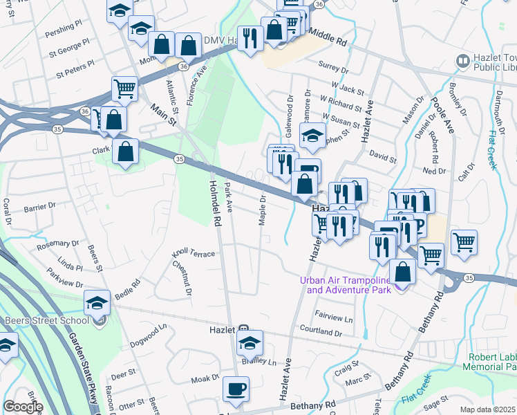 map of restaurants, bars, coffee shops, grocery stores, and more near 8 Maple Drive in Hazlet