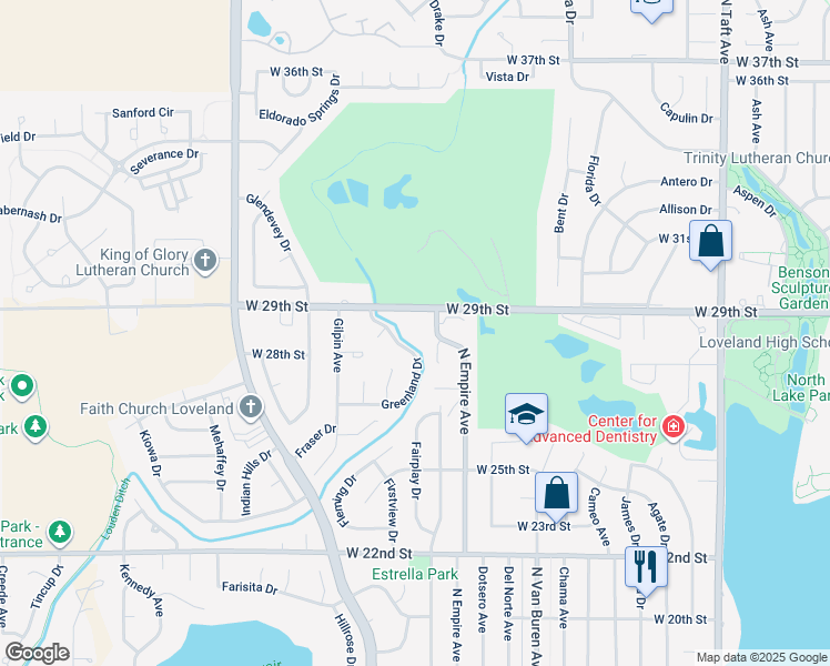 map of restaurants, bars, coffee shops, grocery stores, and more near 2895 North Empire Avenue in Loveland