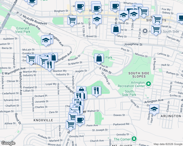 map of restaurants, bars, coffee shops, grocery stores, and more near 2605 Quarry Street in Pittsburgh