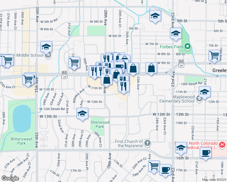 map of restaurants, bars, coffee shops, grocery stores, and more near 2651 West 11th Street Road in Greeley