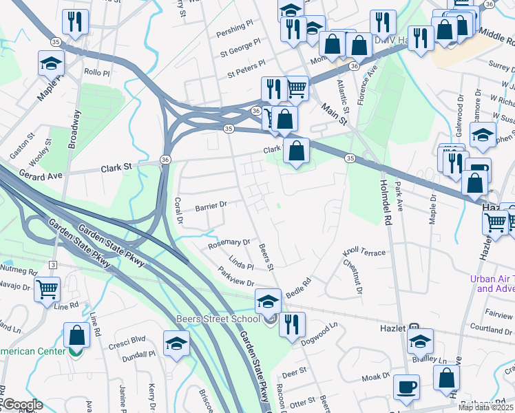 map of restaurants, bars, coffee shops, grocery stores, and more near 167 Village Green Way in Hazlet