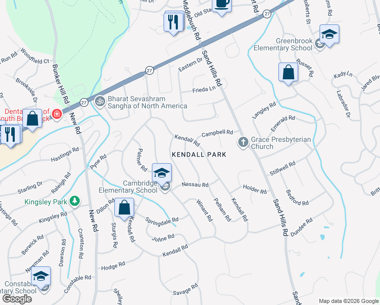 map of restaurants, bars, coffee shops, grocery stores, and more near 9 Woodrow Road in South Brunswick Township