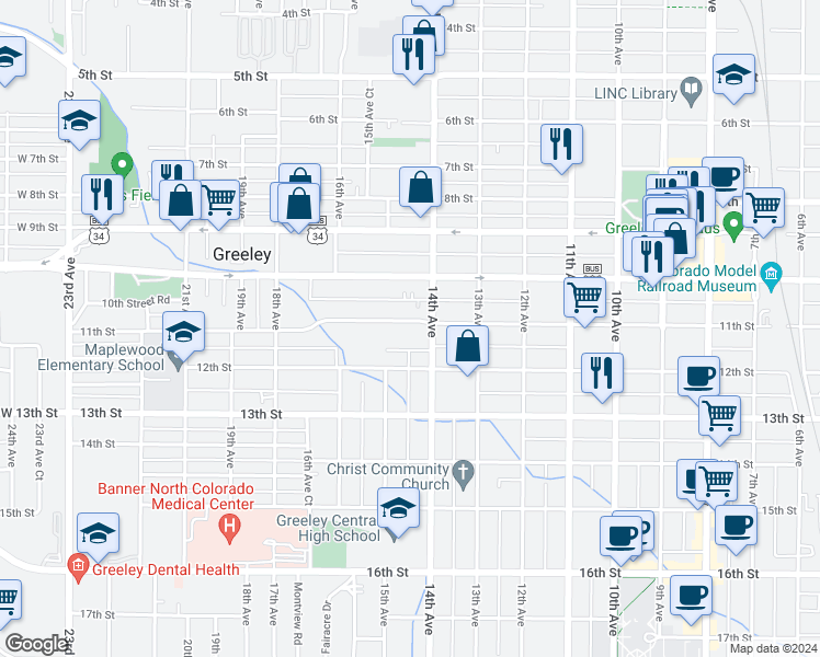 map of restaurants, bars, coffee shops, grocery stores, and more near 1416 11th Street in Greeley