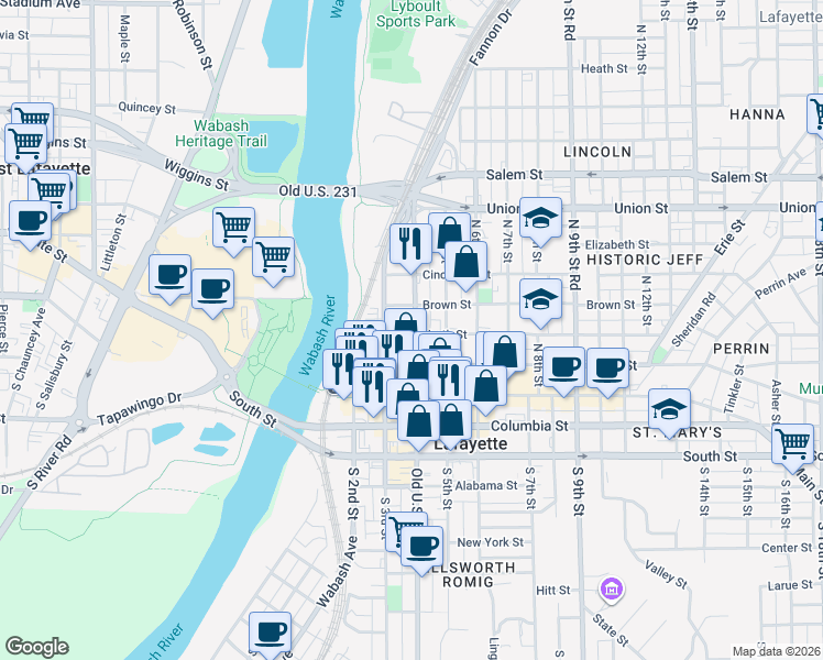 map of restaurants, bars, coffee shops, grocery stores, and more near 366 North Street in Lafayette