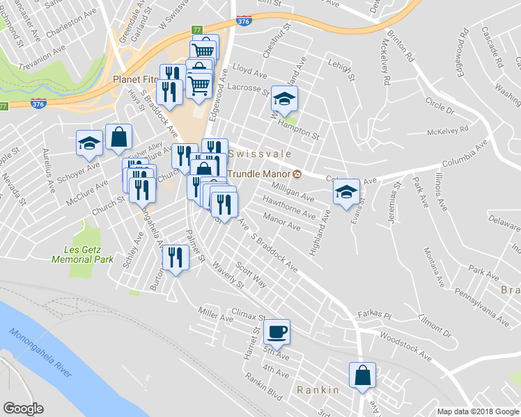 map of restaurants, bars, coffee shops, grocery stores, and more near 2219 Manor Avenue in Pittsburgh