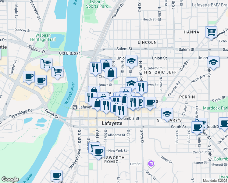 map of restaurants, bars, coffee shops, grocery stores, and more near 600 North Street in Lafayette