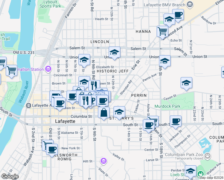 map of restaurants, bars, coffee shops, grocery stores, and more near 1109 North Street in Lafayette