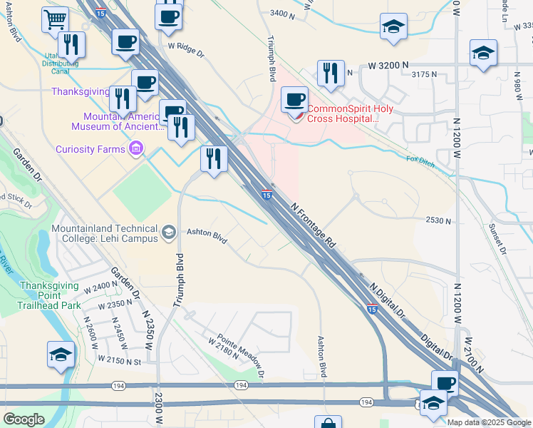 map of restaurants, bars, coffee shops, grocery stores, and more near N Thanksgiving Way in Lehi