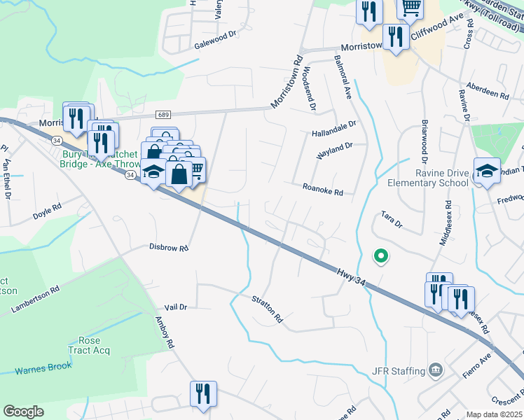 map of restaurants, bars, coffee shops, grocery stores, and more near 34 Forest Garden Drive in Matawan