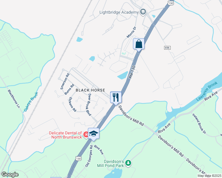 map of restaurants, bars, coffee shops, grocery stores, and more near 23 Keats Road in North Brunswick Township