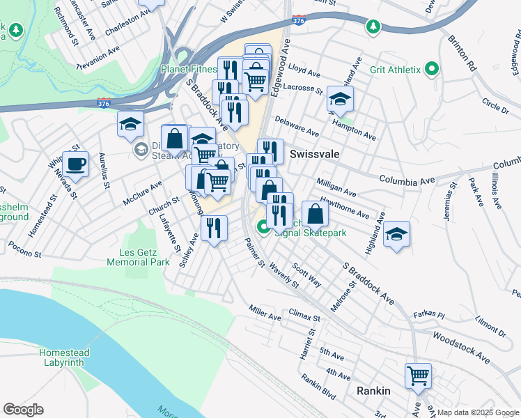 map of restaurants, bars, coffee shops, grocery stores, and more near 2038 Noble Street in Swissvale