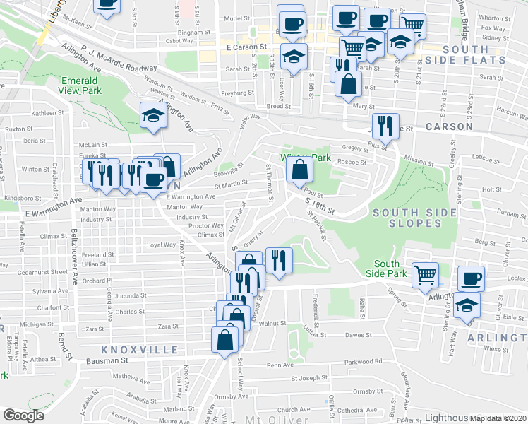 map of restaurants, bars, coffee shops, grocery stores, and more near 2625 South 18th Street in Pittsburgh