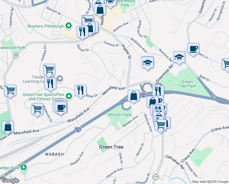 map of restaurants, bars, coffee shops, grocery stores, and more near 367 Mansfield Avenue in Pittsburgh