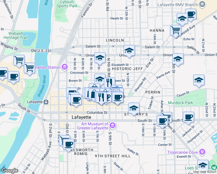 map of restaurants, bars, coffee shops, grocery stores, and more near 813 North Street in Lafayette