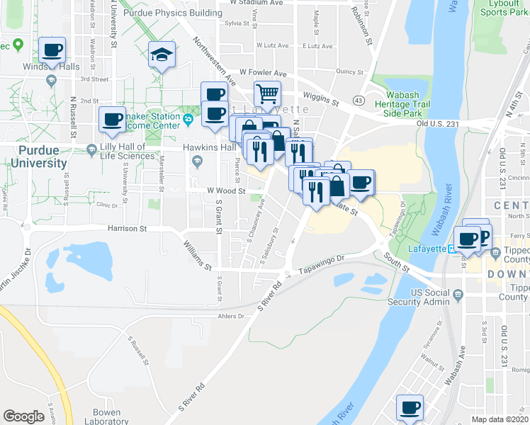 map of restaurants, bars, coffee shops, grocery stores, and more near 227 South Salisbury Street in West Lafayette