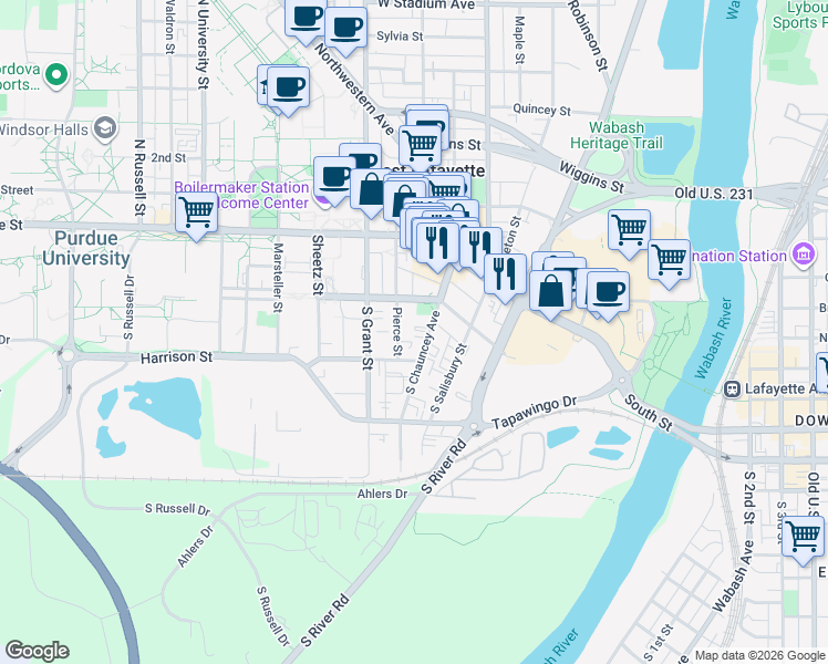 map of restaurants, bars, coffee shops, grocery stores, and more near 249 South Chauncey Avenue in West Lafayette