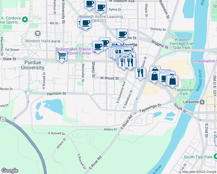 map of restaurants, bars, coffee shops, grocery stores, and more near 242 South Grant Street in West Lafayette