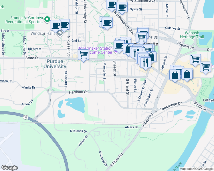 map of restaurants, bars, coffee shops, grocery stores, and more near 532 Harrison Street in West Lafayette