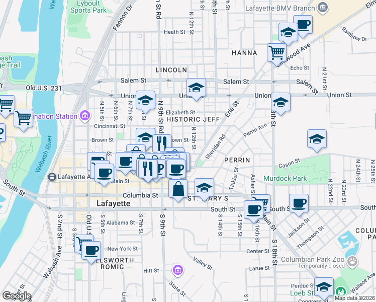 map of restaurants, bars, coffee shops, grocery stores, and more near 1109 North Street in Lafayette