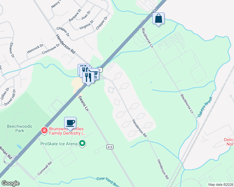 map of restaurants, bars, coffee shops, grocery stores, and more near 106 Royal Oaks Court in South Brunswick Township