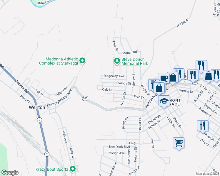 map of restaurants, bars, coffee shops, grocery stores, and more near 145 Franklin Street in Weirton
