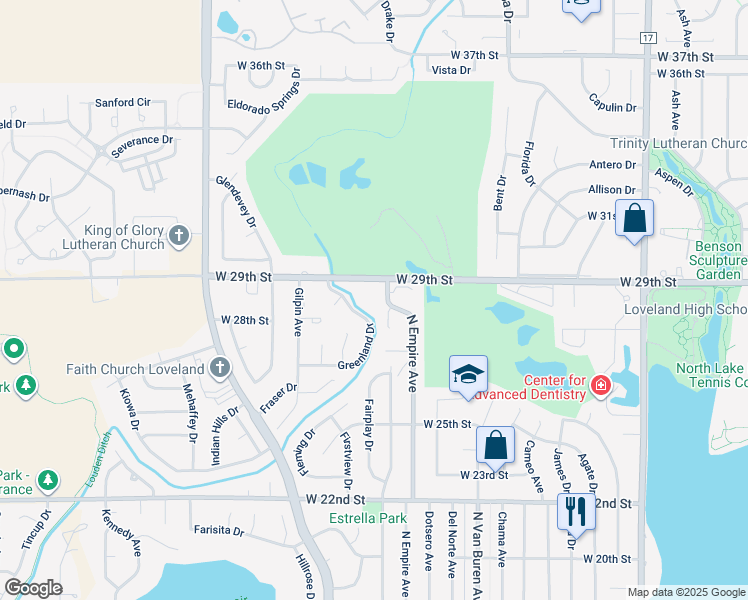 map of restaurants, bars, coffee shops, grocery stores, and more near 2895 North Empire Avenue in Loveland