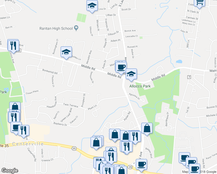 map of restaurants, bars, coffee shops, grocery stores, and more near 59 Lexington Court in Holmdel
