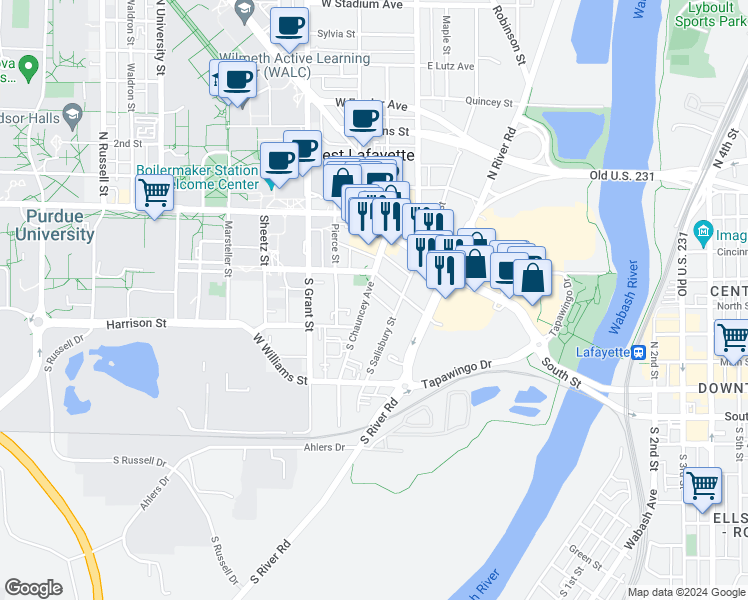 map of restaurants, bars, coffee shops, grocery stores, and more near 224 South Chauncey Avenue in West Lafayette