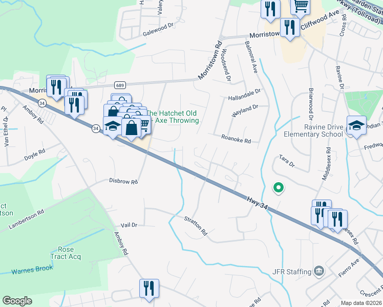 map of restaurants, bars, coffee shops, grocery stores, and more near 34 Forest Garden Drive in Matawan
