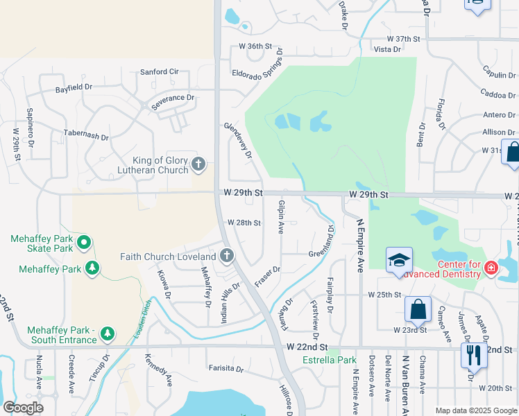 map of restaurants, bars, coffee shops, grocery stores, and more near 2833 Glendevey Drive in Loveland