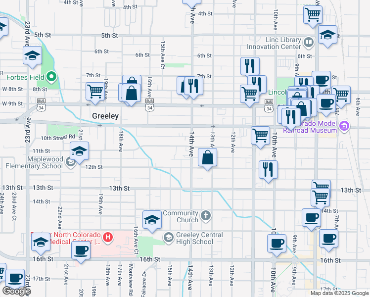 map of restaurants, bars, coffee shops, grocery stores, and more near 1406 11th Street in Greeley