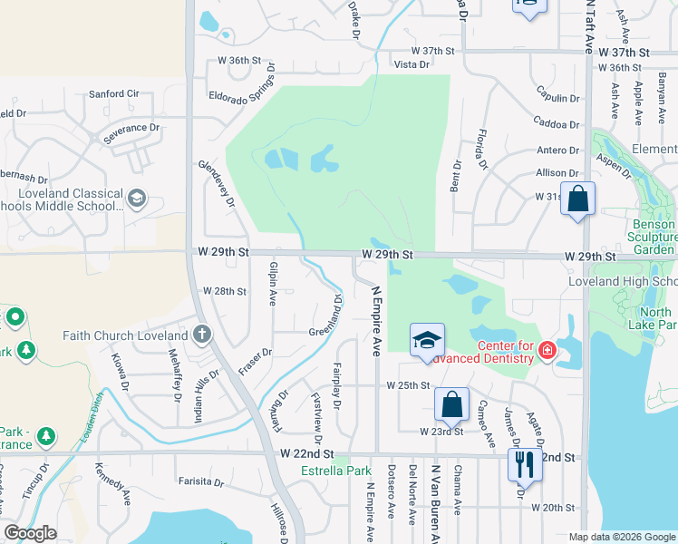 map of restaurants, bars, coffee shops, grocery stores, and more near 2895 North Empire Avenue in Loveland