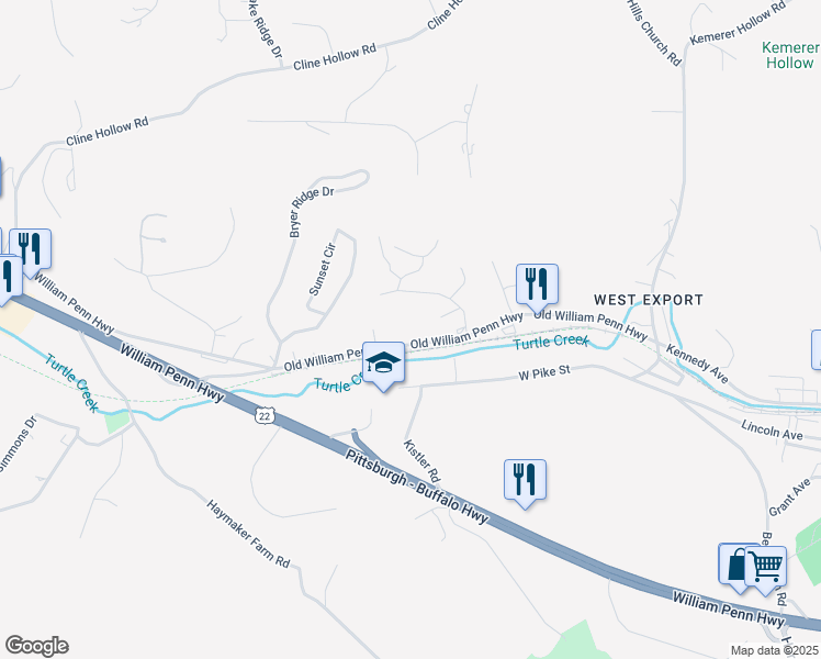 map of restaurants, bars, coffee shops, grocery stores, and more near 5300 Old William Penn Highway in Export