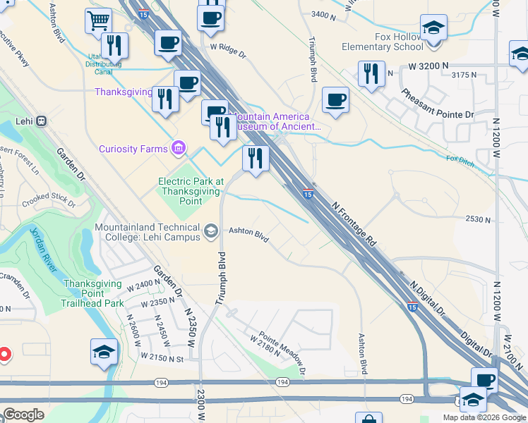 map of restaurants, bars, coffee shops, grocery stores, and more near 2000 Ashton Boulevard in Lehi