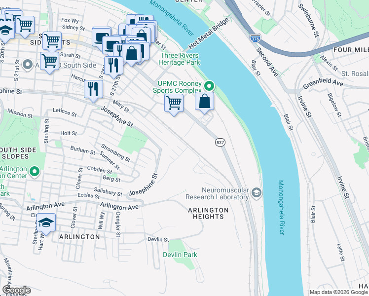 map of restaurants, bars, coffee shops, grocery stores, and more near 104 Handler Street in Pittsburgh
