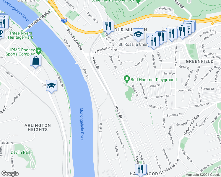 map of restaurants, bars, coffee shops, grocery stores, and more near 94 Irvine Street in Pittsburgh