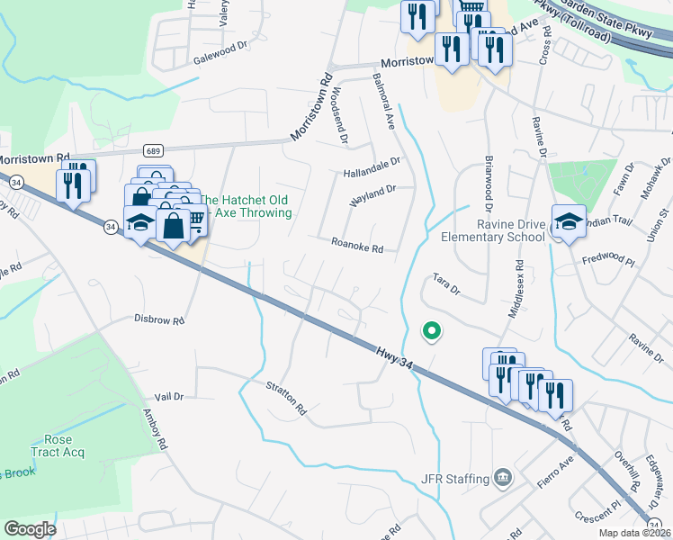 map of restaurants, bars, coffee shops, grocery stores, and more near 84 Reynolds Court in Matawan