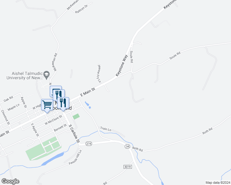 map of restaurants, bars, coffee shops, grocery stores, and more near 213 East Main Street in New Bloomfield