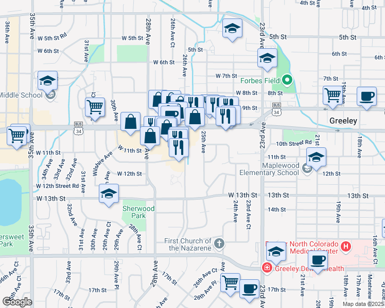 map of restaurants, bars, coffee shops, grocery stores, and more near 1106 26th Avenue in Greeley