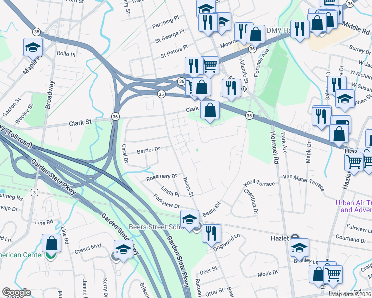 map of restaurants, bars, coffee shops, grocery stores, and more near 1 Windflower Lane in Hazlet