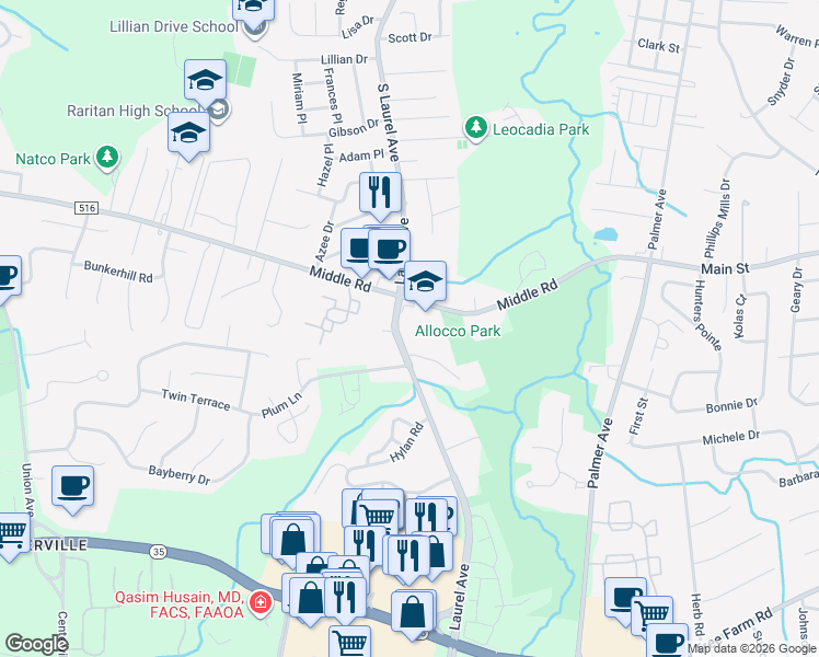 map of restaurants, bars, coffee shops, grocery stores, and more near 653 South Laurel Avenue in Holmdel