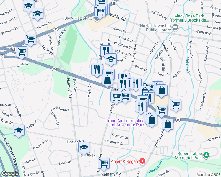 map of restaurants, bars, coffee shops, grocery stores, and more near 3190 New Jersey 35 in Hazlet