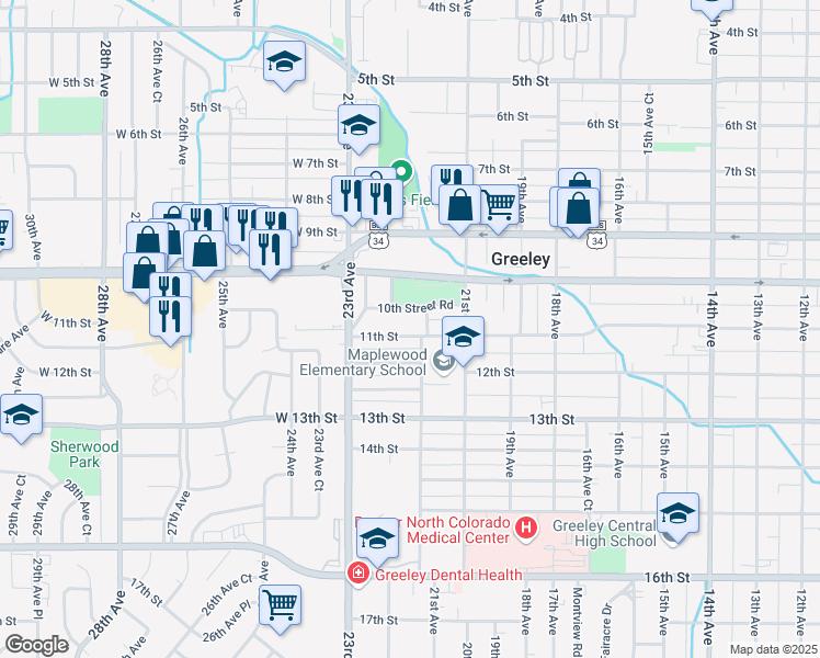 map of restaurants, bars, coffee shops, grocery stores, and more near 2209 12th Street in Greeley
