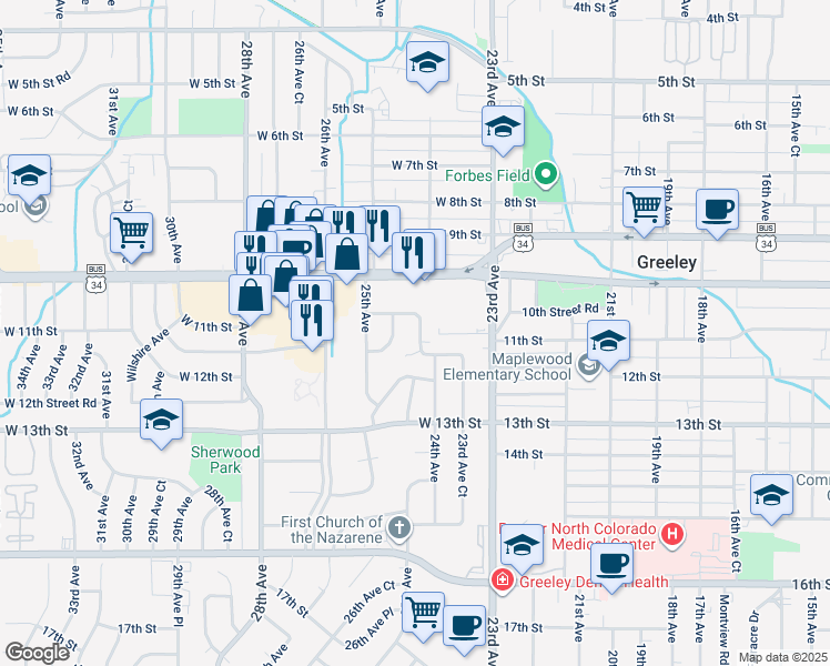 map of restaurants, bars, coffee shops, grocery stores, and more near 1130 24th Avenue Court in Greeley