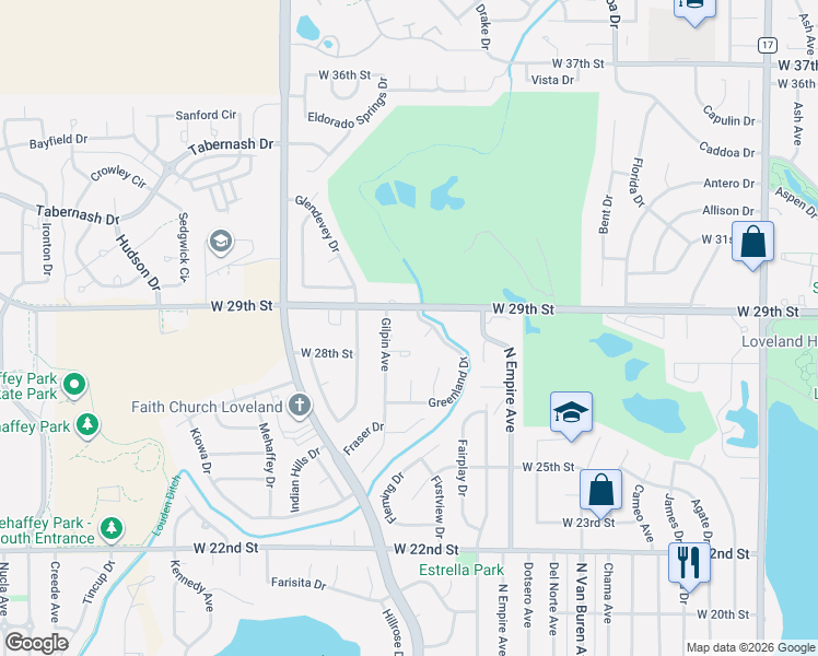 map of restaurants, bars, coffee shops, grocery stores, and more near 2433 Indiana Place in Loveland