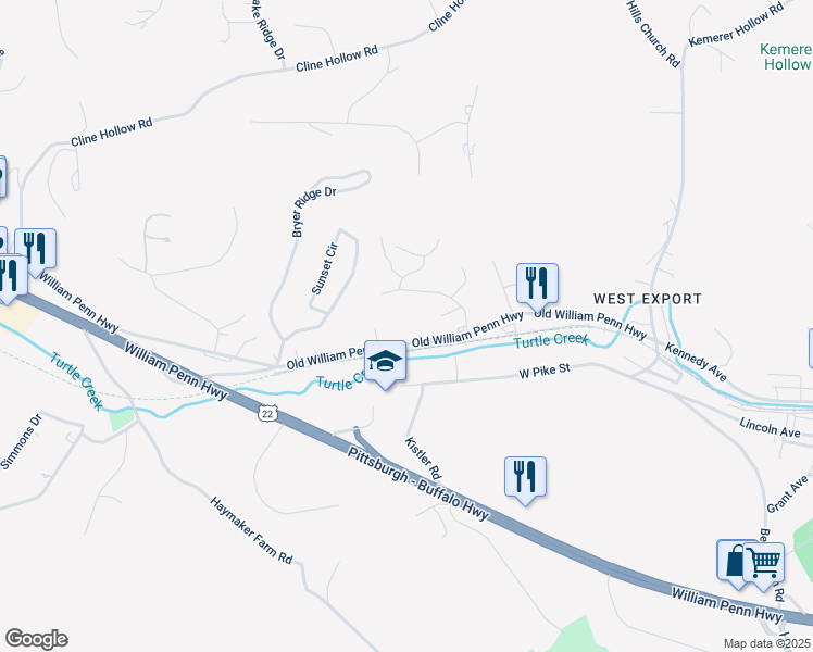 map of restaurants, bars, coffee shops, grocery stores, and more near 5300 Old William Penn Highway in Export